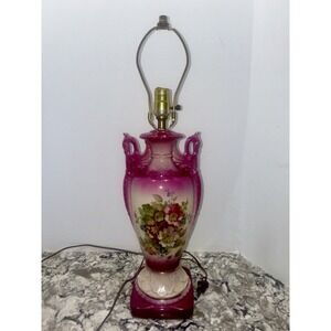 Vintage Porcelain Urn Table Lamp Romantic Victorian Deep Pink Floral Handles